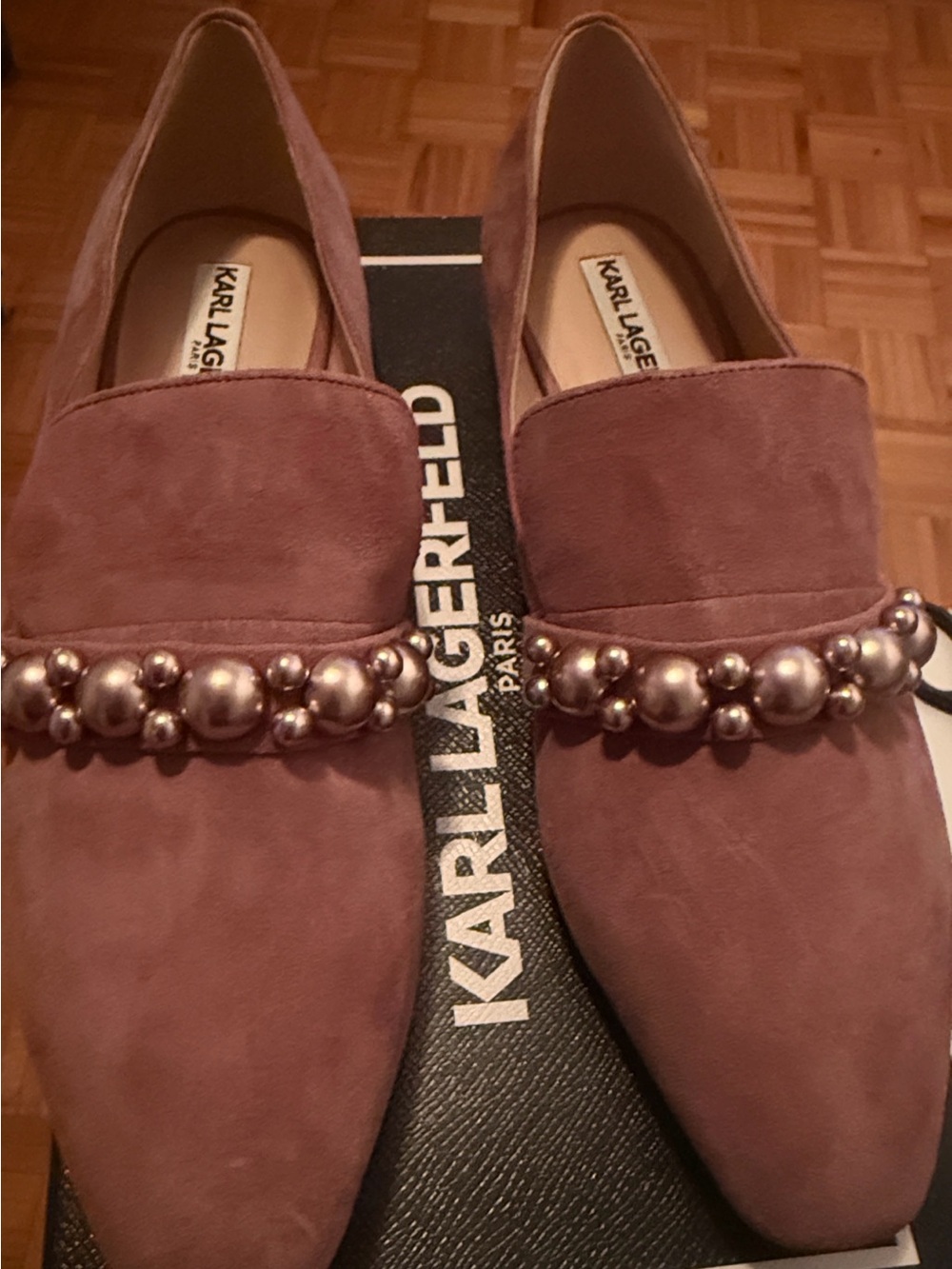 Karl Lagerfeld Mauve Suede Pearl-Embellished Loafers
